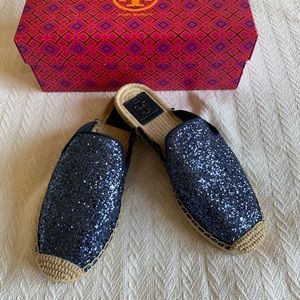 New Tory Burch Max Glitter Blue Espadrille Mules